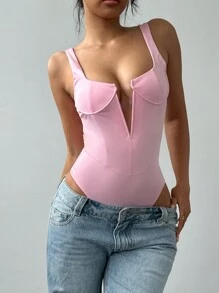 Aloruh Women's Solid Color V-Neck Sexy Fashionable Bodysuit - Pink - View 2