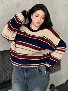 Dazy Plus Plus Size Women's Plus Size Striped Long Sleeve Loose Knitted Pullover Sweater, For Fall/Winter - Multicolor - View 8