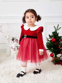 SHEIN Đầm công chúa Giáng sinh dễ thương cho bé gái, cổ xếp nếp lưới màu đỏ tương phản, tay dài, thắt lưng, mùa thu/đông - Đỏ - Xem 3