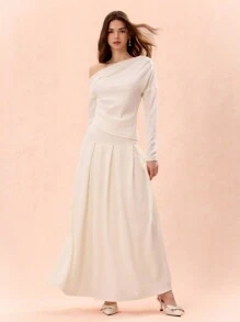 Enchnt Women Solid Color Asymmetric Collar Long Sleeve Top And Skirt Elegant Set - Beige - View 4