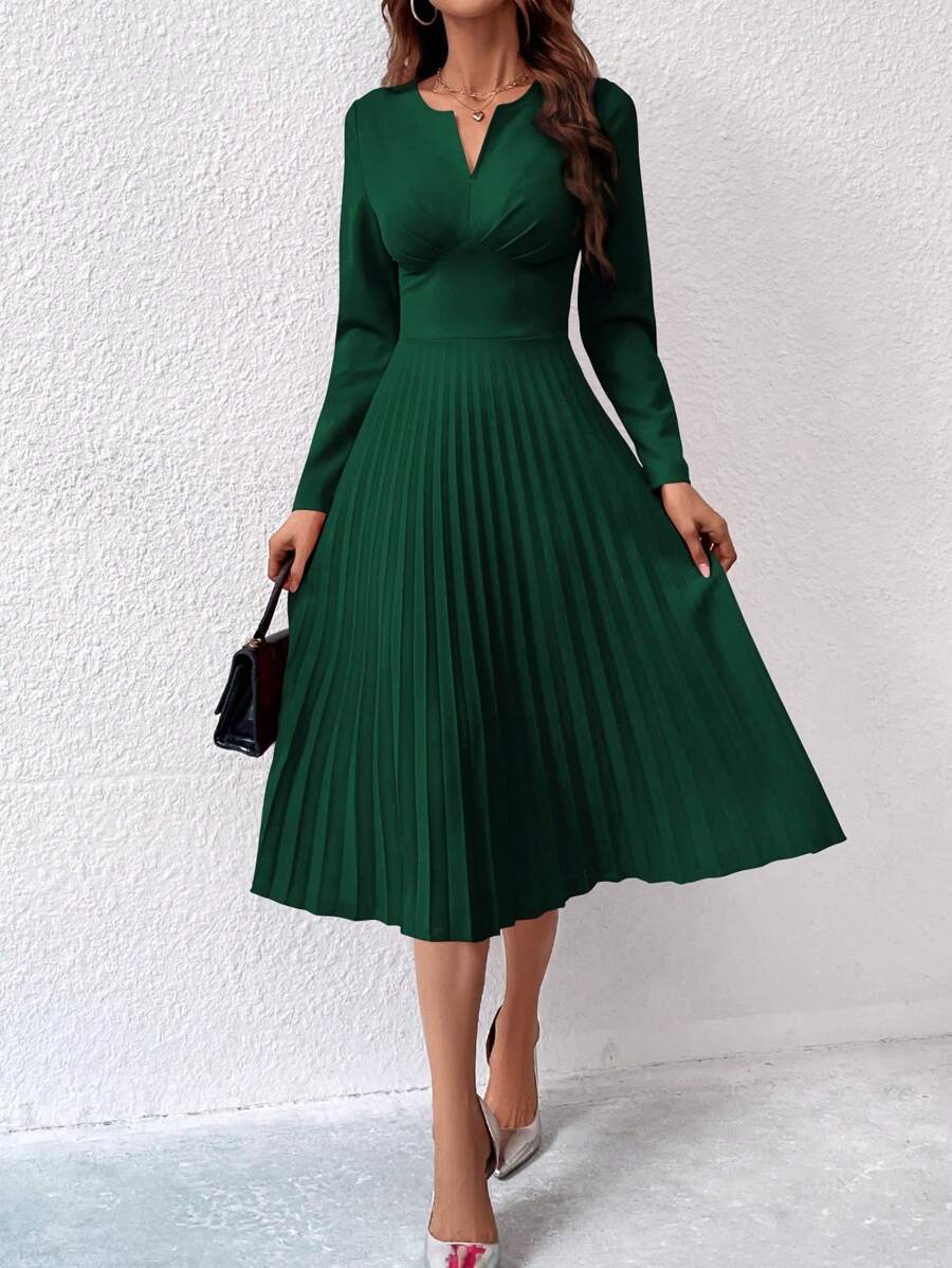 Chiquease Đầm Maxi Cổ Chữ V Màu Trơn Thanh Lịch Có Viền Xếp Ly Cho Trang Phục Mùa Thu Cho Nữ - Màu xanh lá cây đậm - Xem 1