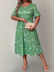 SHEIN 大码女式碎花圆领短袖连衣裙 - 綠色 - 查看 4