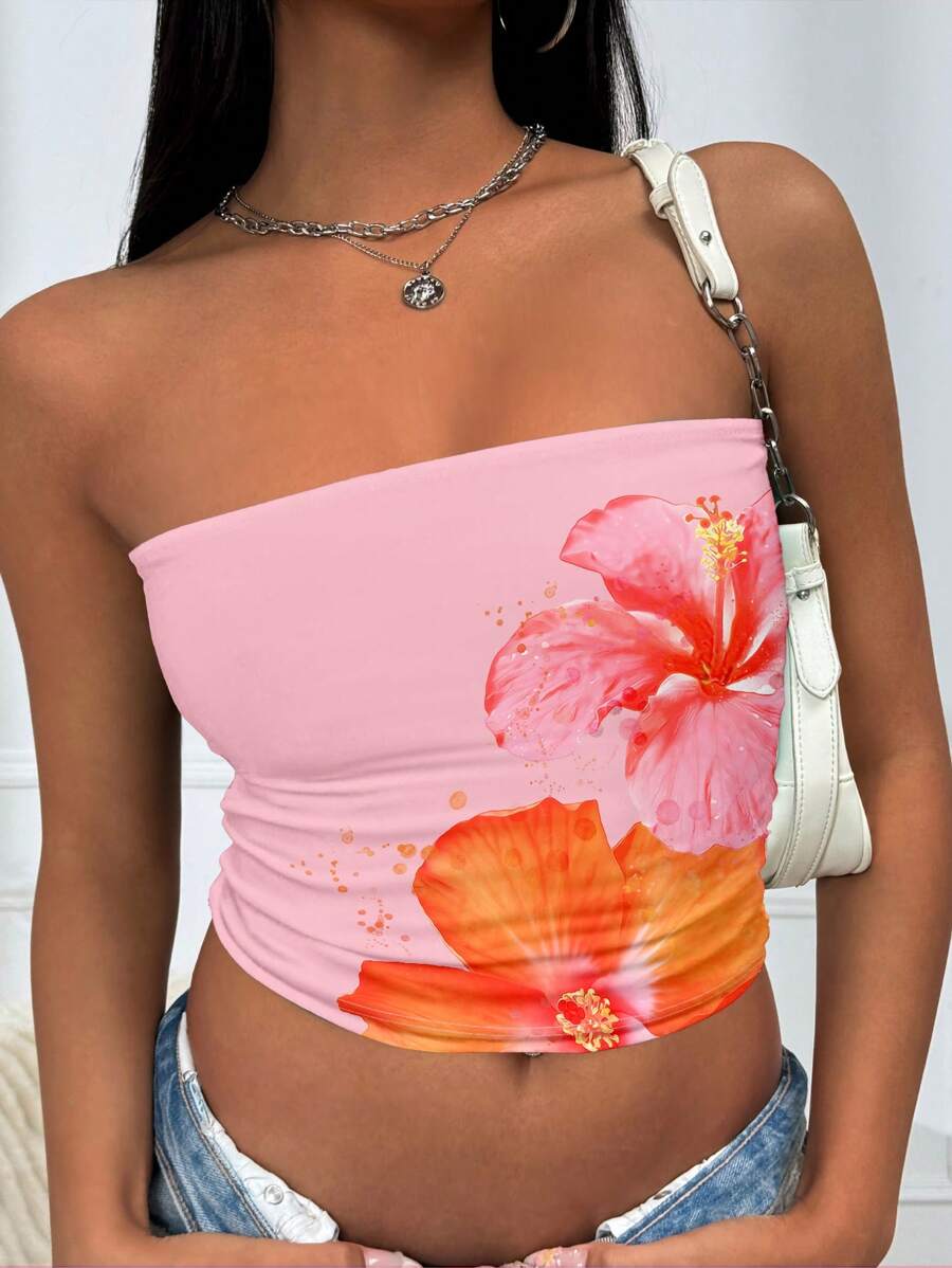 INAWLY Y2K Hibiscus Flowers Graphic Tube Top - Pink - View 1