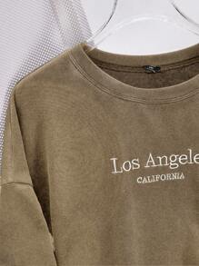 SHEIN EZwear Plus Size Acid Washed Look Vintage Knitted Distressed Loose Fit Long Sleeve T-Shirt - Camel - View 5