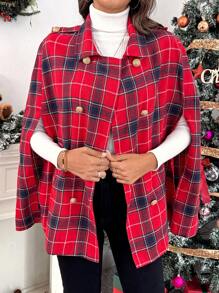 SHEIN LUNE Plaid Print Double-Breasted Cape Sleeve Jacket - Multicolor - View 1