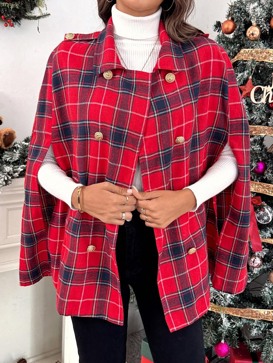 SHEIN LUNE Plaid Print Double-Breasted Cape Sleeve Jacket - Multicolor - View 1