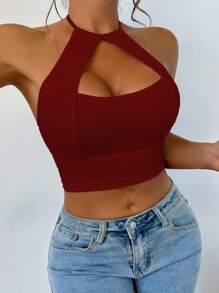 VaVaBold Women's Sexy Halter Micro Crop Top Burgundy Knitted Fabric Cut Out Tank Top - Burgundy - View 5