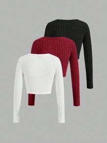 SHEIN Essnce Bộ 3 Áo Thun Dệt Kim Tay Dài Màu Trơn Cho Nữ - Màu Hoa hồng đỏ - Xem 2