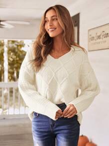 SHEIN VCAY Women's Casual Plain Knitted Sweater With Large Lapel, Autumn/Winter,Halloween Costumes Adults,Thanksgiving Women Outfit,Women Sweaters,Hollowed Costumes,Winter Women Dress,
, - Apricot - View 3