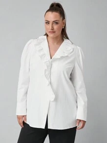 SHEIN Clasi 大码优雅简约白色衬衫，V 领和荷叶边饰领女式衬衫 - 白色 - 查看 3