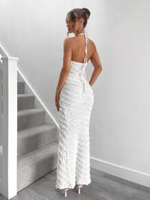 Roylia Đầm bodycon không tay màu tương phản thường ngày xếp ly cho nữ - Màu be - Xem 3