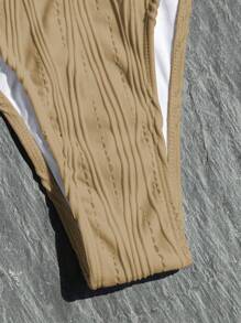 SHEIN Swim Women's Summer Beach Colorblock Halter Neck Tie Sexy Bikini Set - Khaki - View 4