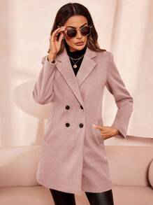 SHEIN Clasi Manteau tricoté à double boutonnage de couleur unie décontractée pour femme, manteau oversize élégant à col cranté et manches régulières avec deux boutons pour les femmes en rose poussiéreux, à porter au quotidien - Vieux Rose - Voir 3