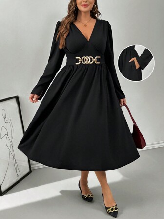 SHEIN Privé 大码女式 V 领长袖黑色 A 字连衣裙，带口袋，秋冬