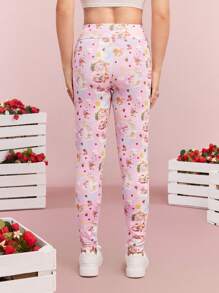 Strawberry Shortcake X SHEIN Women's Casual Full Cartoon Bear Print Elastic Waist Leggings - Multicolor - View 2