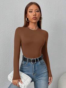 SHEIN PETITE Body ajustado y sólido para mujer de primavera - Marrón - Ver 4