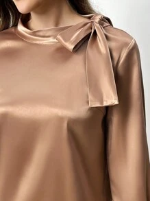 SHEIN LUNE 女士纯色蝴蝶结装饰长袖衬衫 - 杏色 - 查看 3