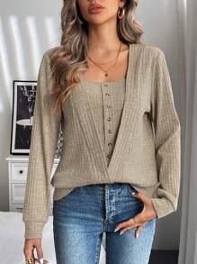SHEIN LUNE Square Neck Button Front Tee - Khaki - View 4