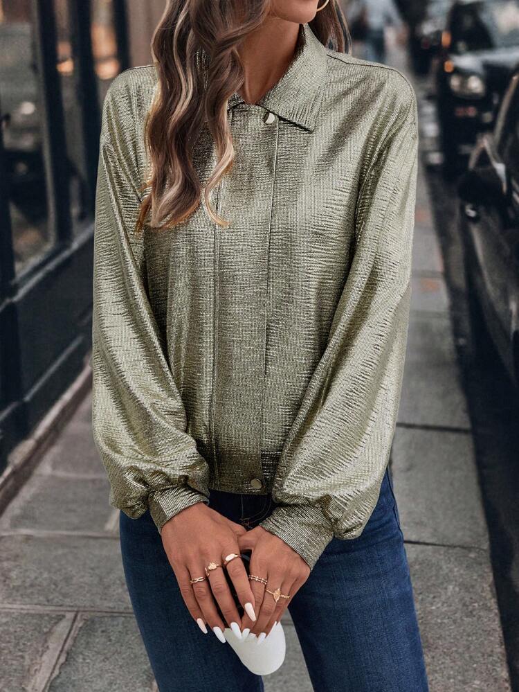 Women's Shiny Sequins Long Sleeve Bomber Jacket, Metallic Finish