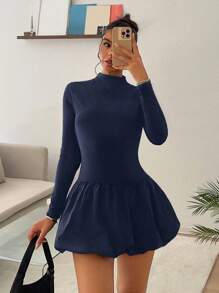 SHEIN EZwear Women's Solid Color Stand Collar Long Sleeve Ruched Bodycon Dress, Spring Autumn - Navy Blue - View 3