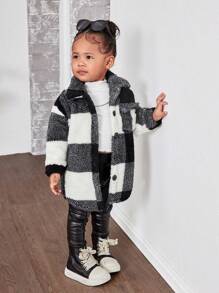 SHEIN 女婴保暖毛绒格子长款开衫外套，秋冬 - 黑與白 - 查看 3