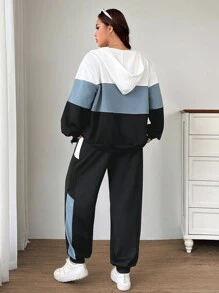 SHEIN EZwear 2 件大码拼色标语印花运动衫和运动裤套装，秋冬运动休闲 - 彩色 - 查看 2