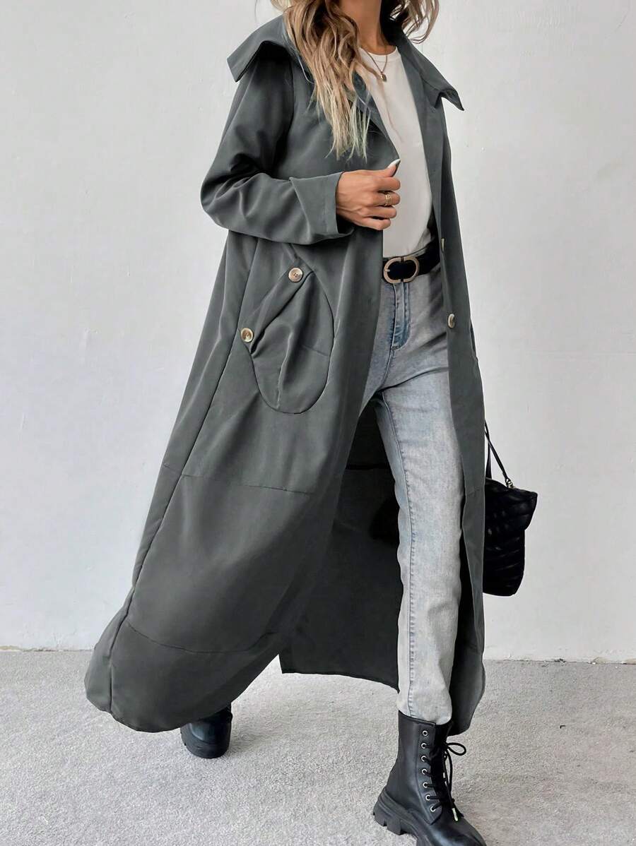 SHEIN LUNE 纯色前扣长袖口袋休闲长夹克 - 深灰色 - 查看 1