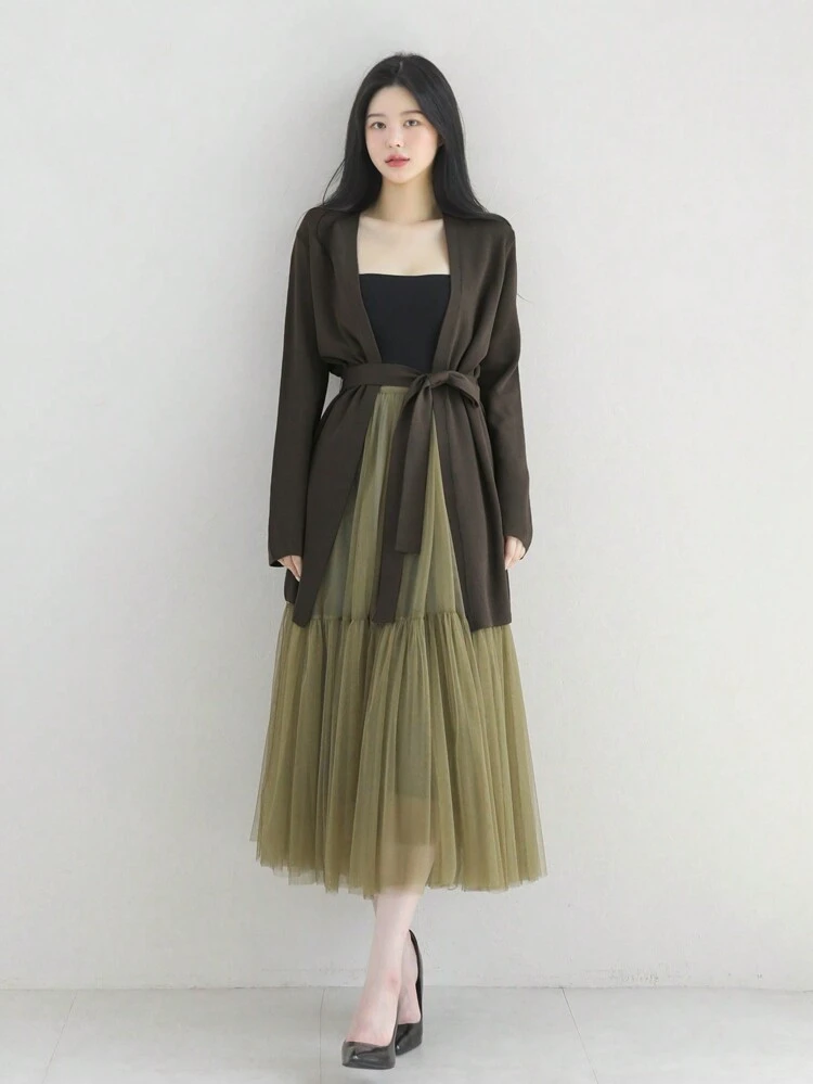 Women's Solid Color Simple Casual Tie Front Relaxed Fit Knit Cardigan