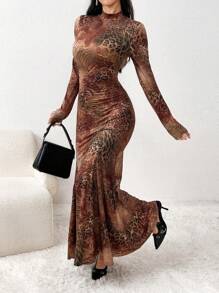 Modelyn Đầm dài tay thanh lịch cổ đứng in họa tiết toàn thân cho nữ, váy dạ hội dài - màu nâu - Xem 6