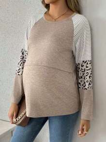 SHEIN 孕妇圆领插肩袖长袖条纹豹纹休闲哺乳 T 恤 - 彩色 - 查看 4