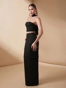 Lumalex Fall Thanksgiving Outfit New Years Thanksgiving Rave Festival Outfits Formal Prom New Years Eve Outfit Maxi 2pcs Sexy Women Outfits Elegant Leisure Fall Clothes Lace Strapless Bustier Top & Extra Long Cargo Pants Set - Black - View 6