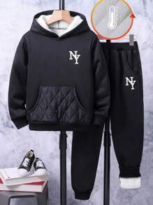 SHEIN 男大童字母圖案袋鼠口袋加絨內裏連帽衫和運動褲