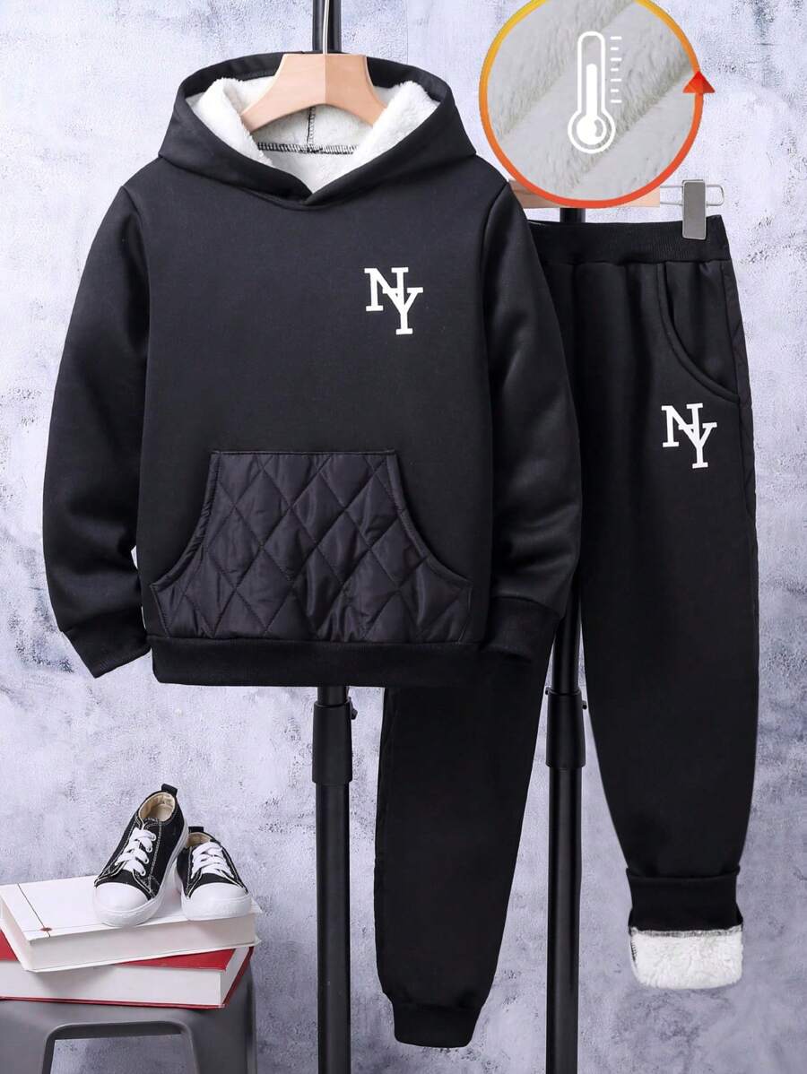 SHEIN 男大童字母圖案袋鼠口袋加絨內裏連帽衫和運動褲