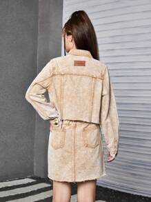 SHEIN Explorewe 2pcs Set: 1 Distressed Brown Denim Jacket + 1 Denim Skirt For Teenage Girls, Fashion - Brown - View 2