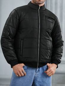 Manfinity Homme Men's Winter Letter Pattern Zip Up Casual Padded Coat - Black - View 1