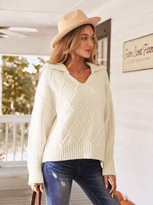 SHEIN VCAY Women's Casual Plain Knitted Sweater With Large Lapel, Autumn/Winter,Halloween Costumes Adults,Thanksgiving Women Outfit,Women Sweaters,Hollowed Costumes,Winter Women Dress,
, - Apricot - View 5