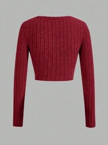 SHEIN Essnce Bộ 3 Áo Thun Dệt Kim Tay Dài Màu Trơn Cho Nữ - Màu Hoa hồng đỏ - Xem 8