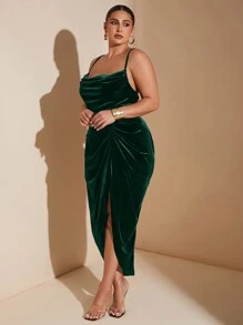 SHEIN BAE 女式常规加大码优雅派对节日活动垂坠高开衩荷叶边下摆天鹅绒连衣裙，女士生日礼服 - 墨綠色 - 查看 8