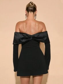 SHEIN BAE Women's Autumn Off-Shoulder Long Sleeve Bow-Tie Decor Cocktail Dress For Party, Date Night Summer Outfits For Women//Spring Clothes//Valentine Day Outfit/Carnaval//Beach Vacation Outits