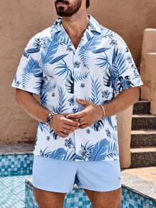 Manfinity VDAYZ Męska koszula na wakacje z krótkim rękawem i jednokolorowe spodenki plażowe, męska koszula hawajska i spodenki, hawajskie - Turkusowy - Zobacz 4