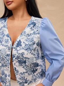 Forever 21 大码女式花卉图案泡泡袖衬衫，春季和秋季 - 藍色 - 查看 6