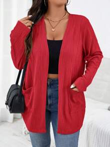 SHEIN Essnce 大码女装秋季新款时尚秋季女士秋季外套长袖女士工作外套商务女士外套休闲通勤优雅提花面料 2 口袋长袖薄外套 - 酒紅色 - 查看 1