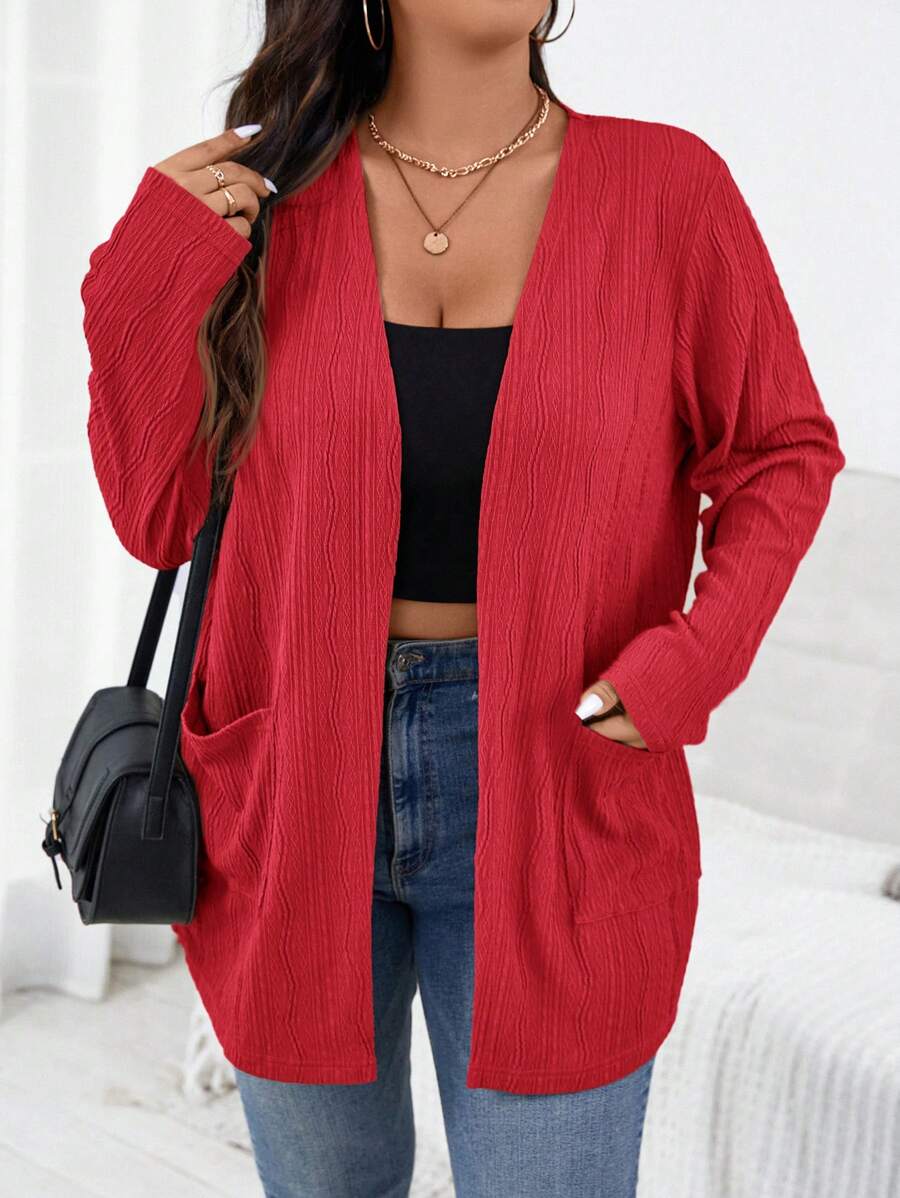 SHEIN Essnce 大码女装秋季新款时尚秋季女士秋季外套长袖女士工作外套商务女士外套休闲通勤优雅提花面料 2 口袋长袖薄外套 - 酒紅色 - 查看 1