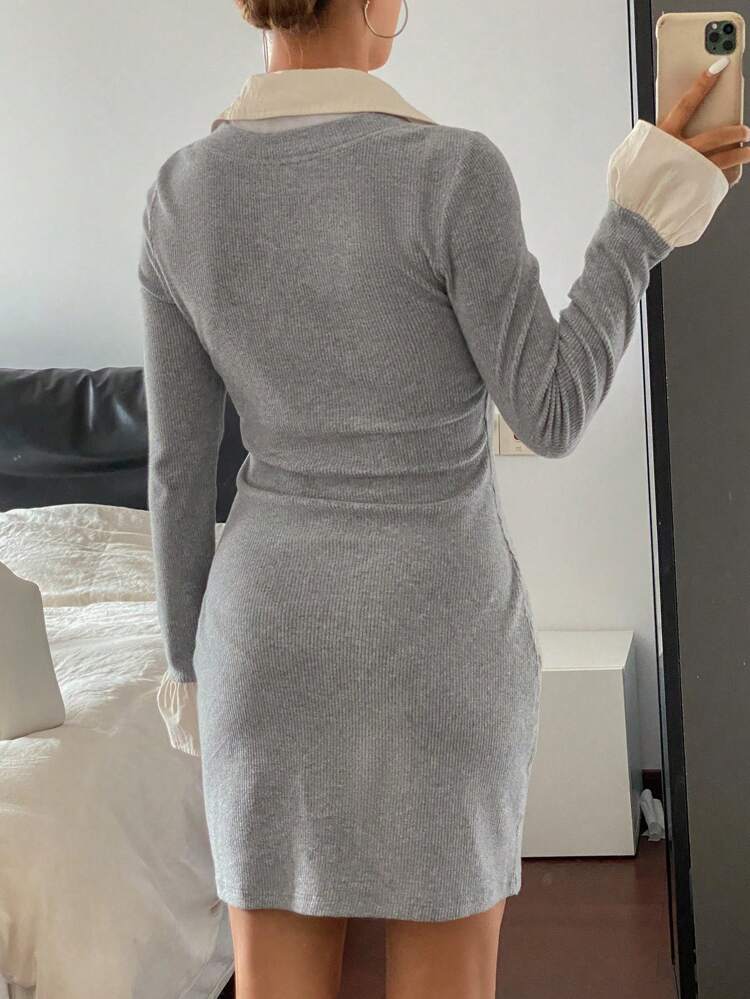 Women Contrast Color Splicing 2 In 1 Pattern Printed Slim Fit Long Sleeve Mini Dress,Fall Clothes