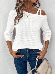 SHEIN LUNE 女士休闲华夫格纹理长袖灯笼袖 T 恤，适合秋冬季日常穿着