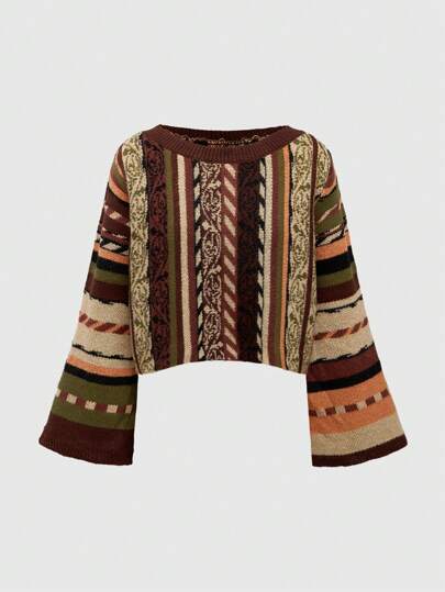 ROMWE Hippie Bohemian Vertical Striped Flare Sleeve Pullover Sweater