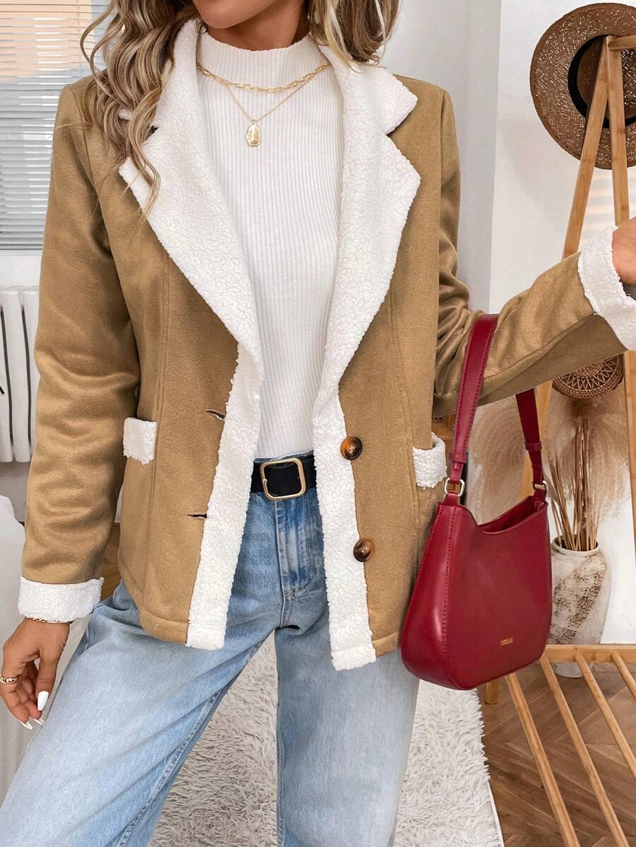 SHEIN LUNE Áo khoác dài tay ấm áp có túi lông thường ngày dành cho nữ - Màu Khaki - Xem 1