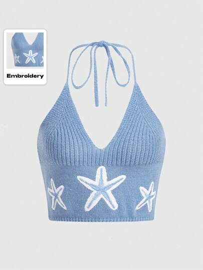 Fairycore Sirène Top En Tricot Motif Étoile Ras-Du-Cou