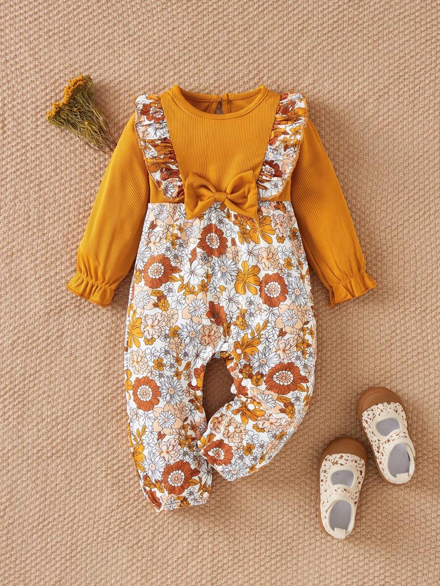 SHEIN 女童优雅复古法式花卉荷叶边围兜连体裤，适合外出，秋冬季 - 酒紅色 - 查看 1