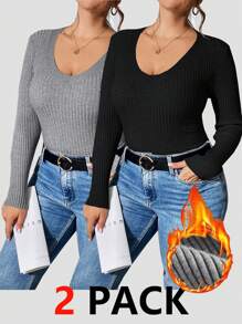 SHEIN Essnce Plus Size Women's 2 Packs Pullover Sweater,Pink And Grey, Smart Casual,Everyday Elegant Slim Fit Work Top Fall/Winter Commuting Bottoming Shirt - Multicolor - View 3